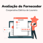 Imagem com a frase "Avaliação de Fornecedor Cooperativa Elétrica de Loureiro" e ilustração de uma mulher a segurar uma estrela ao lado de um portátil