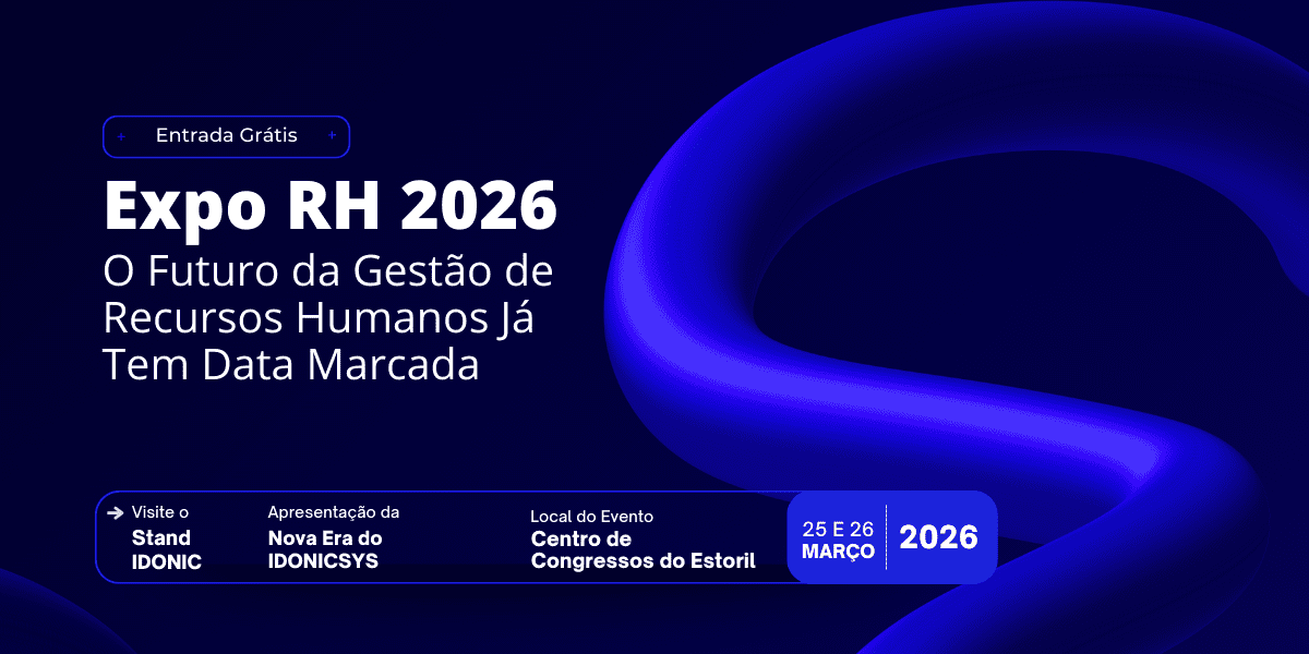 Cartaz Expo RH 2026 no Estoril, 25 e 26 de março. Destaque para o stand IDONIC e sistema IDONICSYS